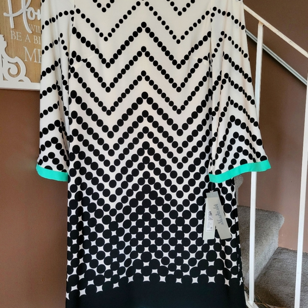 Eliza J Black and White Chevron Dress with Green Accents